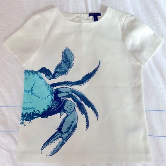 🧡 J.Crew Blue Crab Fancy Short Sleeve Top Fits Size Small EUC Crab Blouse - Picture 2 of 8